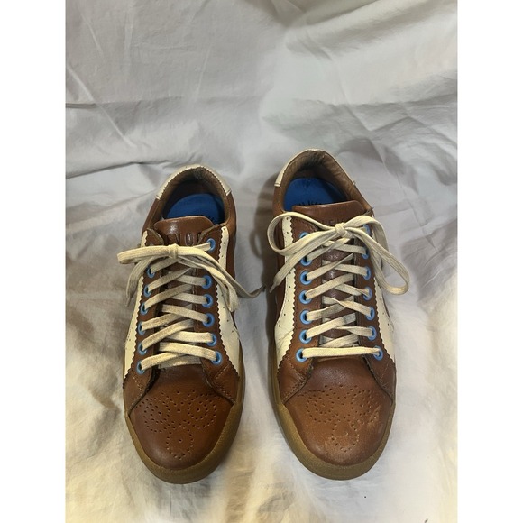 Y2K Fluevog Men's Sneakers Soll Circa 2007 Leather Shoes Beige Blue Size 6/7 - Picture 3 of 10